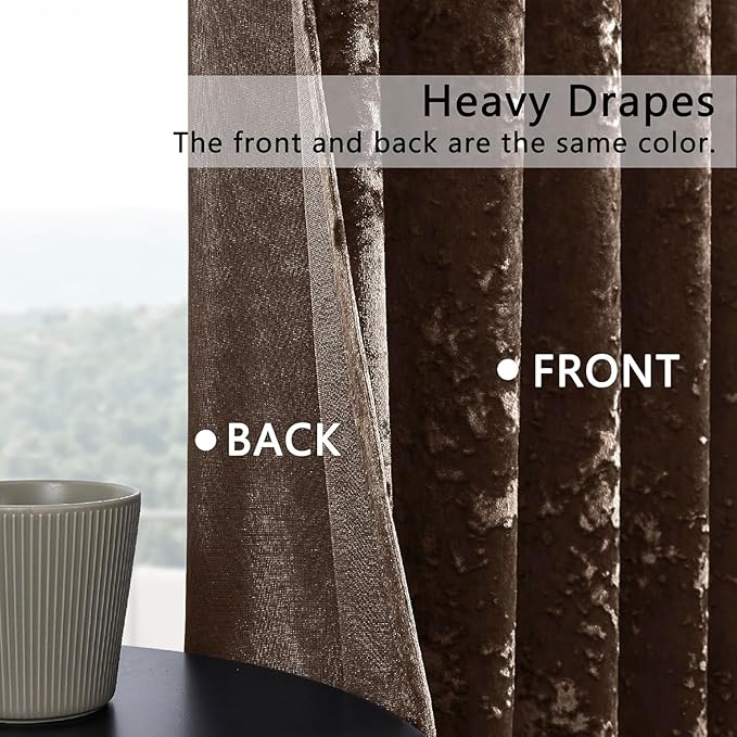 SMILETIME Chocolate Crushed Velvet Curtains 52x108 inch Luxurious Thermal Insulated Soundproof Drapes for Living Room Bedroom Office Soft and Durable Light-Filtering Window Treatments, 2 Panels