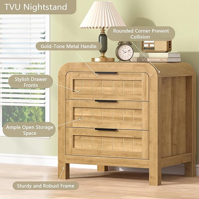 IKENO Wood Nightstand Set of 2 with 3 Storage Drawer, 21" Wide Night Stand with Curved Profile Design, Bedside End Table for Bedroom, Living Room, Closet (2, Natural Oak, 3 Drawer)
