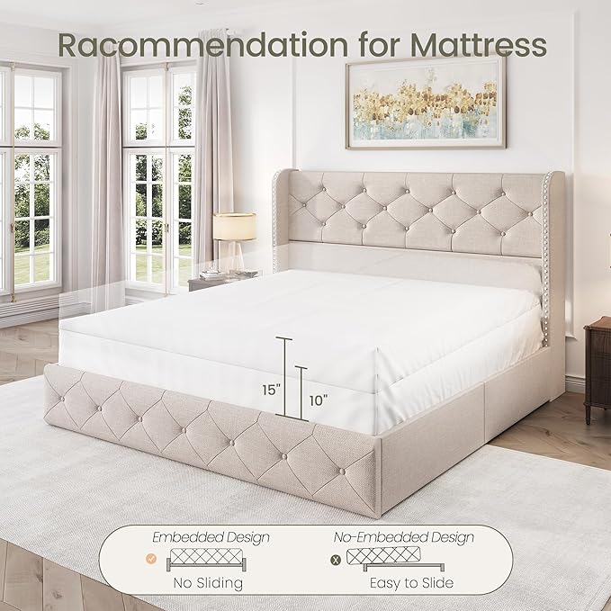LARMACE Full Size Bed Frame with 4 Storage Drawers and Wingback Headboard Linen Upholstered Platform Bed Frame Tufted Beds with Wooden Slats Support, Easy Assembly, Beige