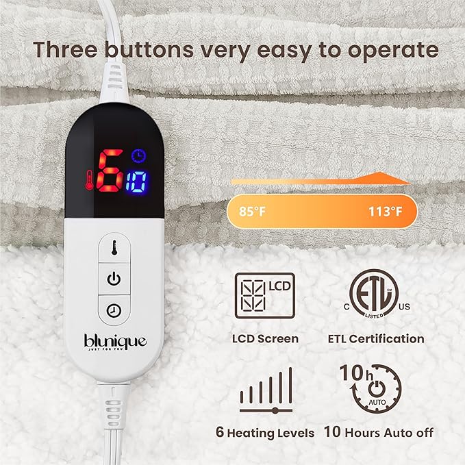 Heated Blanket Electric Blanket Full Waffle,72x84 Inches Sherpa Fleece Fast Heating Blanket 6 Heating Levels & 10 Hours Auto Off ETL Certification,Beige Full