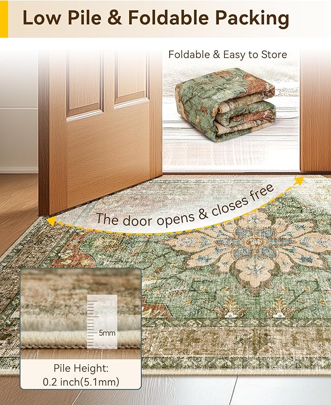Area Rugs 2'x6' Washable Non-Slip, Floral Vintage Distress Print Pattern Medallion Carpet for Living Room Bedroom Dining Room, Brick Red Rust Neutral Brown Burnt Orange Green