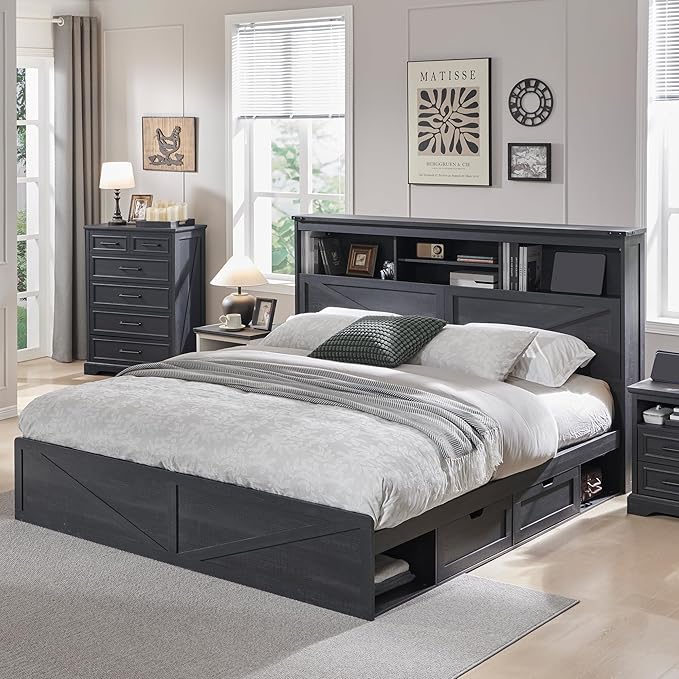 ACCOHOHO Farmhouse King Size Bed Frame with 52" High Storage Bookcase Headboard and 4 Drawers,Wooden Bed Frame with LED Light and Charging Station,Black