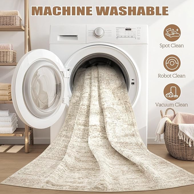 2x3 Entryway Area Rug: Washable Neutral Modern Abstract Small Rug - Non-Slip Low Pile Throw Indoor Carpet for Entrance Kitchen Front Door Mat Bathroom Entry Kids Room - Vintage Beige