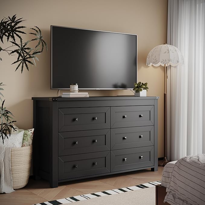 Dresser for Bedroom with 6 Drawers, Farmhouse Wood Chest of Drawers, Wide TV Stand Closet Storage Furniture with Metal Handle, Modern Clothes Organizer for Hallway, Living Room, Entryway, Black