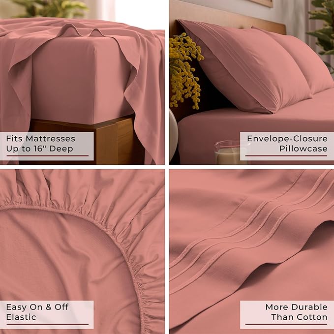 Mellanni Split King Sheet Set - 7-Piece Iconic Collection Bedding, (Including 4 Pillowcases), 16-Inch Deep Pocket, Easy Care, Extra Soft, Cooling Sheets, Brushed Microfiber - Coral