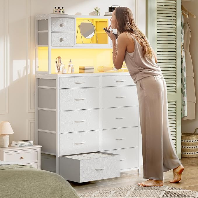 EnHomee 62.8" H Dresser for Bedroom with 14 Fabric Drawers,White Dresser with Charging Station and LED Lights,Dressers & Chests of Drawers for Bedroom, Steel Frame & Wooden Top, Entryway
