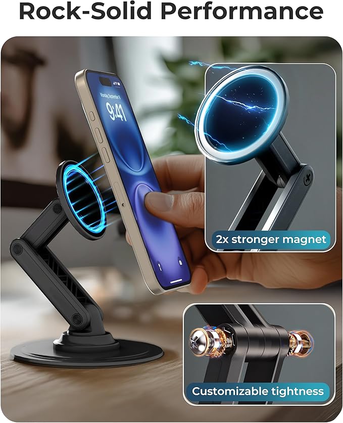 COOPER Magnetic Phone Stand for Desk, Mag360 Adjustable MagSafe Stand for iPhone 16 Pro Max, 15 14 13 12 & Plus | 360° MagSafe Phone Holder, Strong Magnetic Mag Safe, Foldable 3-Axis Leg (Black)