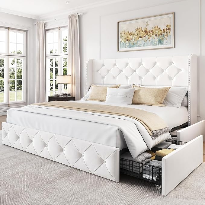 LARMACE Queen Size Bed Frame with 4 Storage Drawers and Wingback Headboard Velvet Upholstered Platform Bed Frame Tufted Beds with Wooden Slats Support, Easy Assembly, White