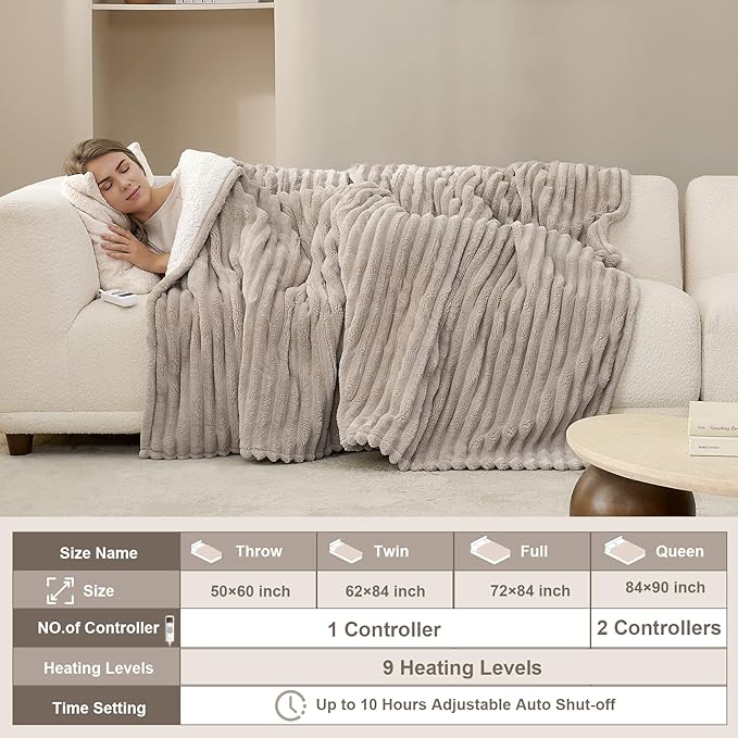 Hansleep Heated Blanket Queen Size Electric Throw Dual Control, Heating Blanket with 9 Heating Levels and 10-Hour Timer Auto Shut Off, Washable Soft Warm Winter Blanket, 80 x 90 Inches, Linen