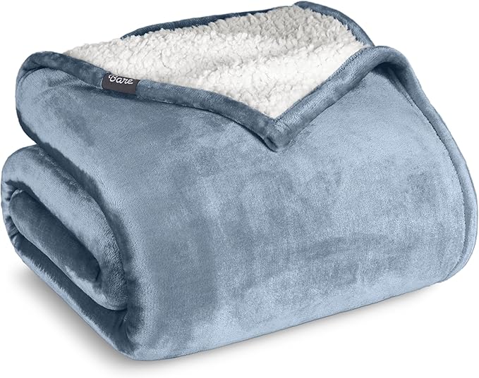Bare Home Sherpa Fleece Blanket - Throw/Travel Size - Blanket for Bed, Sofa, and Couch - Warm & Lightweight - Fluffy & Soft - Reversible (Throw/Travel, Dusty Blue)