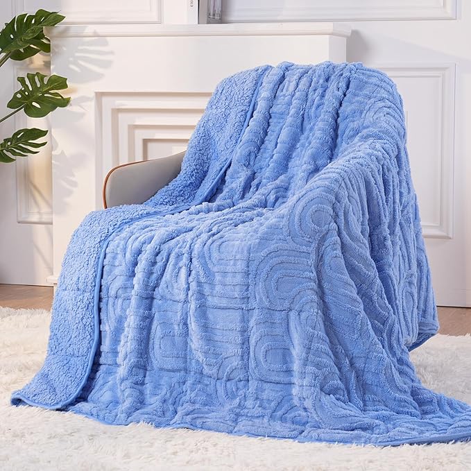 Sherpa Fleece Adult Weighted Blanket Great for Sleep, 15 lbs Dual Sided Soft Fuzzy Heavy Blankets for Couch Bed Sofa, Cozy Warm Fluffy Arched Jacquard Throw for Winter (Blue, 48" x 72", 15 Pounds)