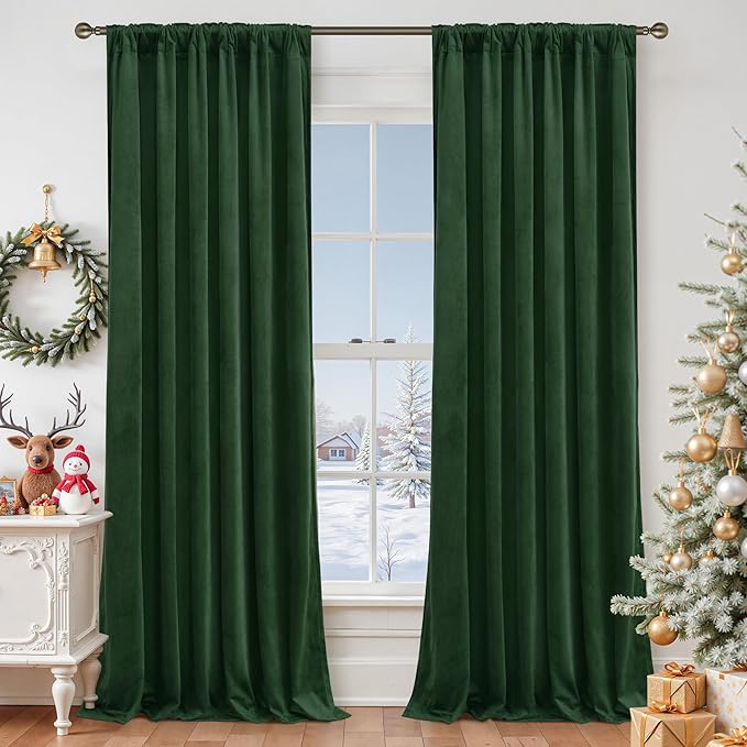 LAMIT Emerald Green Velvet Curtains 96 Inch for Living Room, Thermal Insulated Room Darkening Drapes Noise Reducing Back Tab and Rod Pocket Christmas Panels for Bedroom, Set of 2 Panels, 52 x 96 Inch