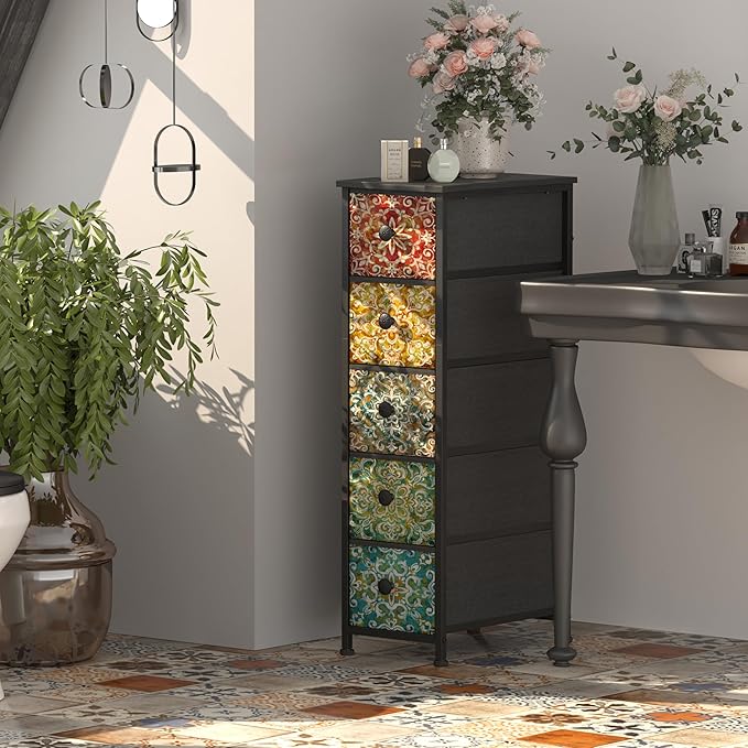 GiftGo Retro Skinny Dresser with Fabric Drawers Thin Slim Boho Mandala Flower Chest of Drawers Narrow Storage Tower for Small Spaces Gaps Bedroom Beautiful Nightstand Living Room Table