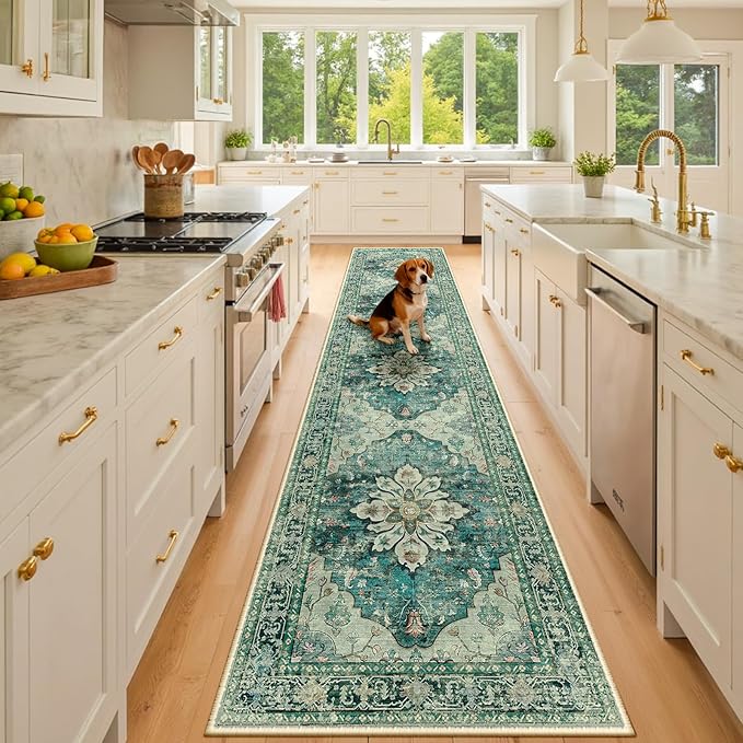 Area Rugs 2'x10' Washable Non-Slip, Floral Vintage Distress Print Pattern Medallion Carpet for Living Room Bedroom Dining Room, Dark Blue Vintage