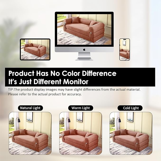 80" Convertible Sofa Bed, Corduroy Deep Seat Folding Pull Out Couch with Pillows, No Assembly Modern Boneless Couch Compression Sofa in Box, Floor Sofa with Storage Pocket for Living Room,Pink