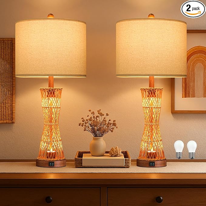 OYEARS 27" Table Lamps Set of 2 with Rattan & Dual Lights, Boho Lamps for Nightstands, Bedside Lamps for Bedroom, Nightstand Lamp for Living Room, Farmhouse Table Lamp for Office & Study
