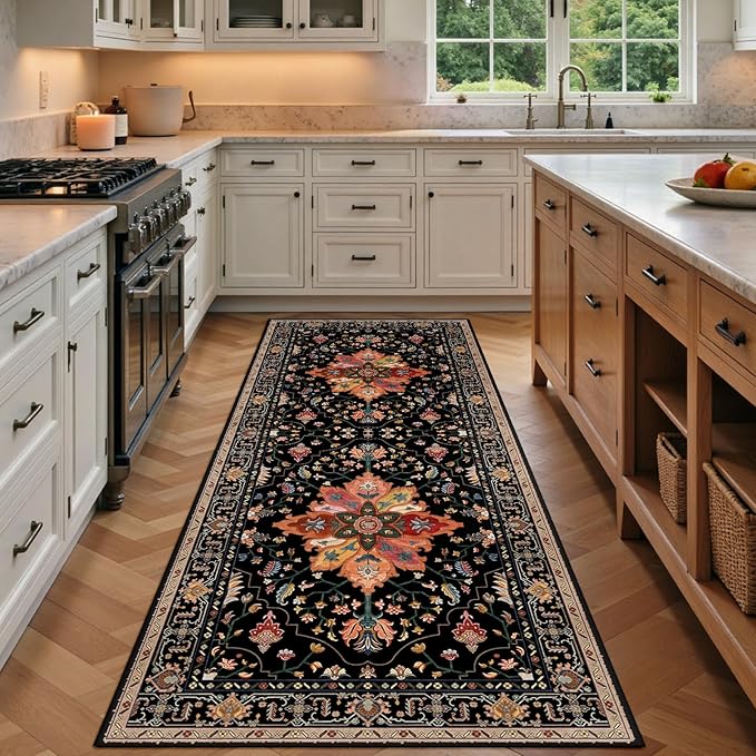 Area Rugs 3'x8' Washable Non-Slip, Floral Vintage Distress Print Pattern Medallion Carpet for Living Room Bedroom Dining Room, Black Colorful Floral Dark Tan