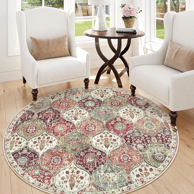 Lahome Moroccan Trellis Round Area Rugs, Washable Small Round Rug 3ft Non-Slip, Soft Vintage Ultra-Thin Circle Carpet for Bedroom Entryway Kitchen Laundry Bathroom, Orange/Terracotta