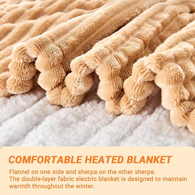 Heated Blanket Electric Twin, Soft Flannel Heating Blanket with 8 Hours Auto Off 10 Fast Heating Levels Machine Washable Sherpa Heated Blanket with Overheating Protection
