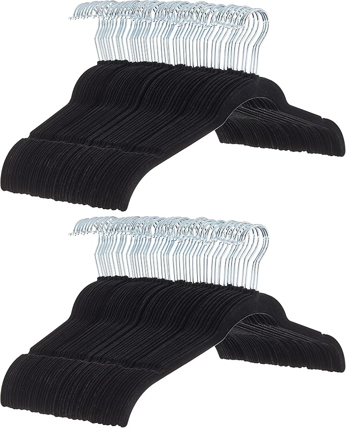 Amazon Basics Slim, Velvet, Non-Slip Shirt Clothes Hangers, Pack of 100, Black