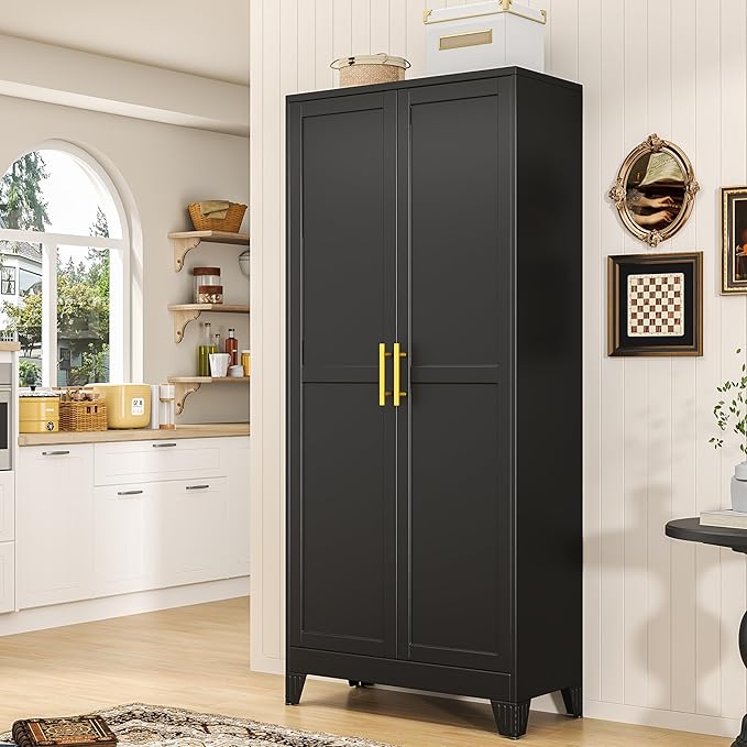71" Tall Metal Pantry Storage Cabinet with Doors and 4 Adjustable Shelves, Black Kitchen Food Pantry Cabinets, Tall Freestanding Cupboard for Kitchen, Dining Room or Living Room, Black
