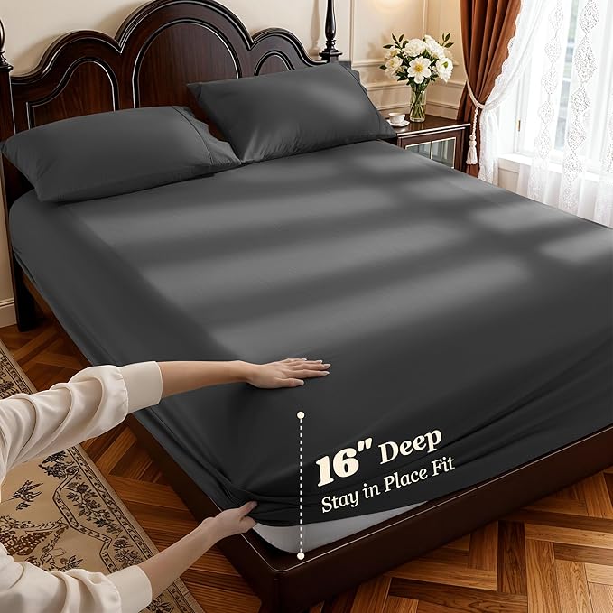 LBRO2M 1000 Thread Count 100% Cotton Sheets Set,California King Size Bed Sheet 4 Piece Sets,Long Staple,16 Inches Deep Pocket,All Season,Bedding Super Soft Comforterble Breathable,Sateen(Black)