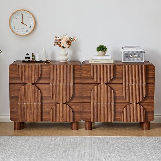 3 Drawer Dressers for Bedroom, 31.5" Wide Large Mid Century Modern Fluted Nightstand 2 Sets, Wood Dresser & Chest of Drawers with Curved Profile for Living Room, Entryway, Hallway Walnut
