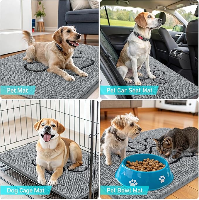 OLANLY Dog Door Mat for Muddy Paws 70x24, Paw Print Design, Absorbs Moisture and Dirt, Absorbent Non-Slip Washable Doormat, Quick Dry Chenille Mud Mat for Dogs, Entry Indoor Entryway Carpet, Grey
