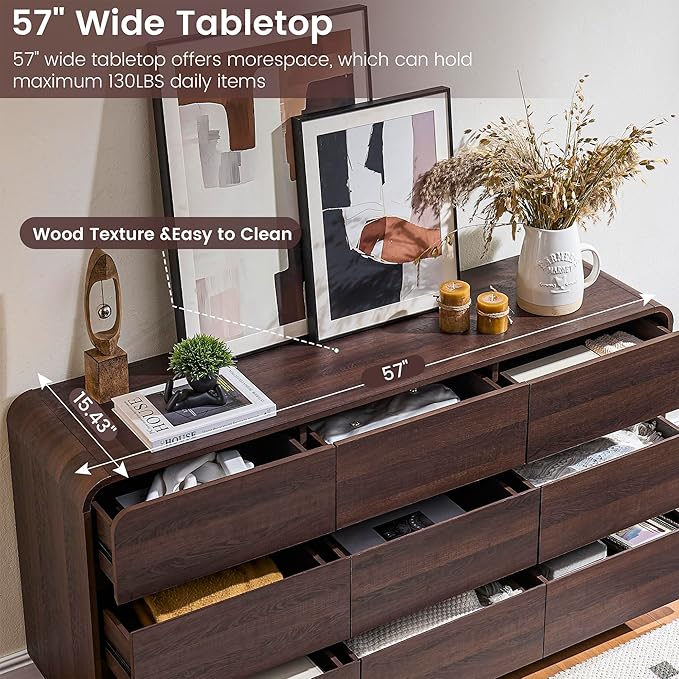 9 Drawer Double Dresser for Bedroom, Modern Curved Wood Chest Drawers of Handleless, Large Storage Dresser Bedroom, Living Room, Entryway, Walnut