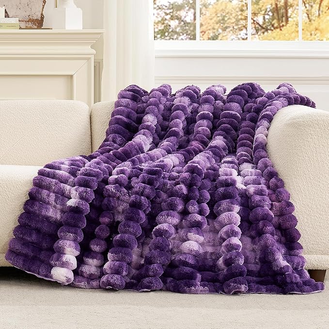 Cozy Bliss Faux Fur Throw Blanket for Couch, Cozy Warm Plush Striped Blanket for Sofa Bedroom Living Room, 60 * 80 Inches Tie-dye Purple