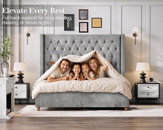 Jocisland King Size Bed Frame with 61.4" Tall Headboard, Velvet Upholstered Wingback Platform Design, Handcrafted Pleats& Deep Button Tufted, Solid Wood Legs, No Box Spring Needed, Gray