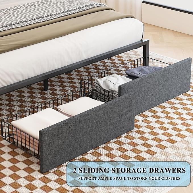 LED Bed Frame Queen Size with 2 Hidden Storage Drawers, Bookshelf Headboard, Upholstered Platform Metal Bed Frame with Charging Station, Metal Slats Support, Noise Free, No Box Spring Needed