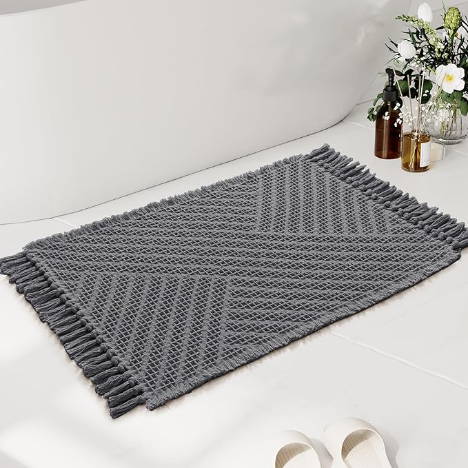 H.VERSAILTEX Waffle Bath Mat Super Absorbent Boho Bath Mat Non Slip Bath Rugs for Bathroom Floor Machine Washable Dry Fast Bathroom Rugs with Tassels, 24" x 36", Gray