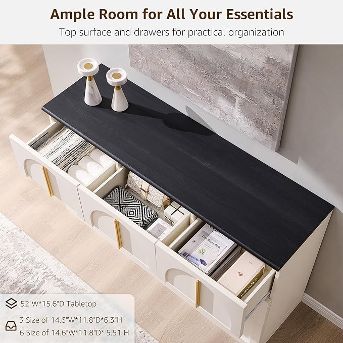 ACCOHOHO Arched Dresser for Bedroom with 9 Drawers, 52" Wide Modern Chest of Drawers with Rounded Edge & Metal Handles, Wood Storage Closet Dressers TV Stand for Living Room, Hallway, White