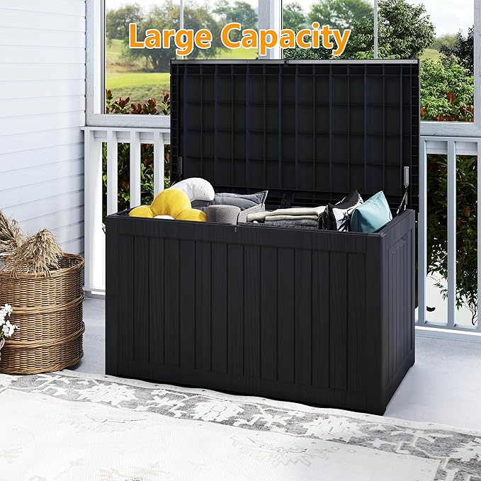 270 Gallon Resin Deck Box, Waterproof Outdoor Storage Box, Lockable for Patio Furniture, Garden Tools, Pool Accessories, UV-Resistant for All Weather Use, Black