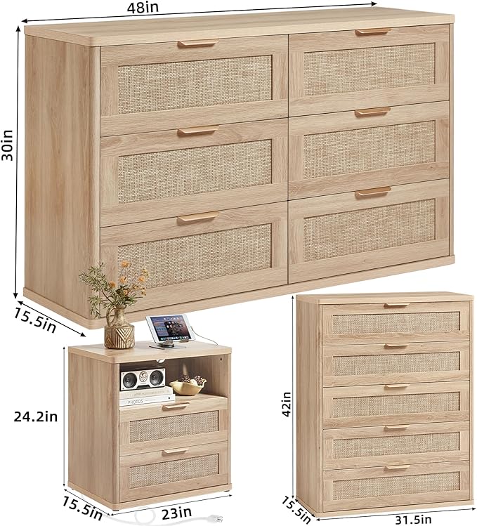 LEYAOYAO Rattan Dresser and Nightstand Set of 3, Boho Wood Dresser for Bedroom with 6 Drawers and Night Stand with Charging Station, Bedroom Furniture, Dressers & Chests of Drawers,Hallway,Living Room