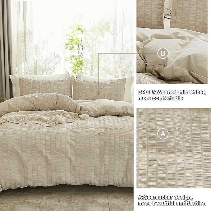 AveLom Beige Seersucker Duvet Cover Set King Size (104 x 90 inches), 3 Pieces (1 Duvet Cover + 2 Pillow Cases), Ultra Soft Washed Microfiber, Textured Duvet Cover with Zipper Closure, Corner Ties