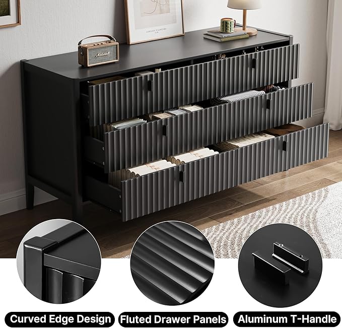 6 Drawer Dresser, Modern Chest of Drawers for Bedroom, Wood Fluted Dresser Organizer with Deep Drawers for Clothes, Nightstand for Bedroom, Hallway, Living Room, Entryway, Black