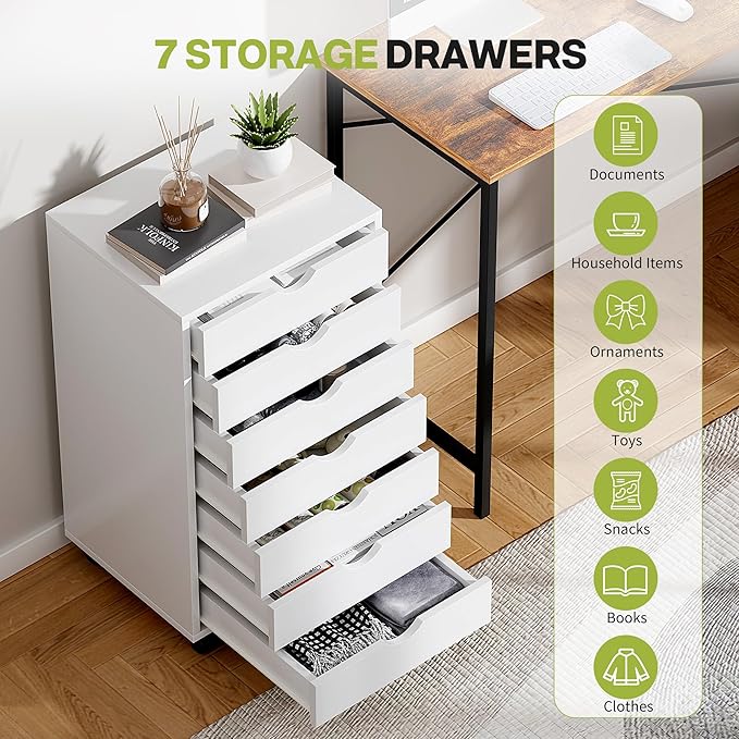 7 Drawer Chest, Dressers Storage Cabinets, Dresser Mobile Cabinet with Wheels, Drawers Organization Furniture for Office, Home, White