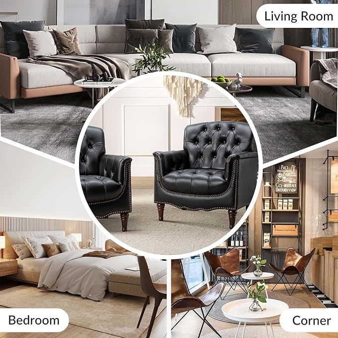 HULALA HOME Mid Century Modern Leather Club Chairs Set of 2, Top-Grain Genuine Leather Armchairs with Button-Tufted Back & Solid Wood Legs, Accent Chairs for Living Room/Bedroom/Home Office, Black