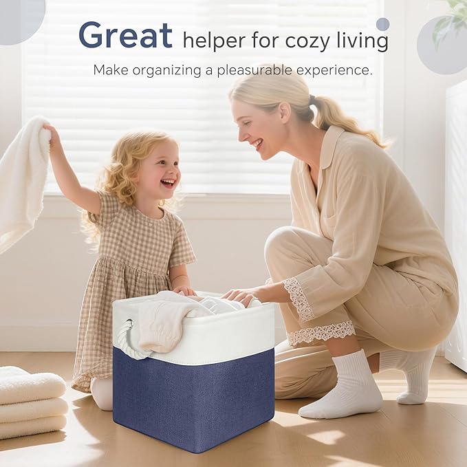 Cube Storage Baskets, 6 Pack 11x11 inch with Cotton Handles for Closet, Shelves, Clothes, Towel (White/Navy Blue)