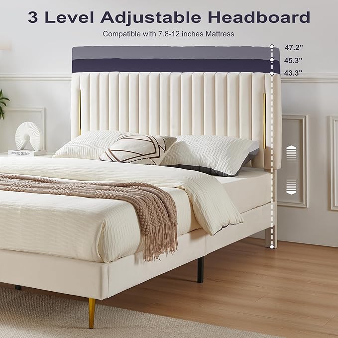 Queen Platform Bed Frame, Velvet Upholstered Bedframe with Vertical Channel Adjustable Headboard, Golden Plating Trim, Mattress Foundation with Wooden Slats, No Box Spring Needed, Beige
