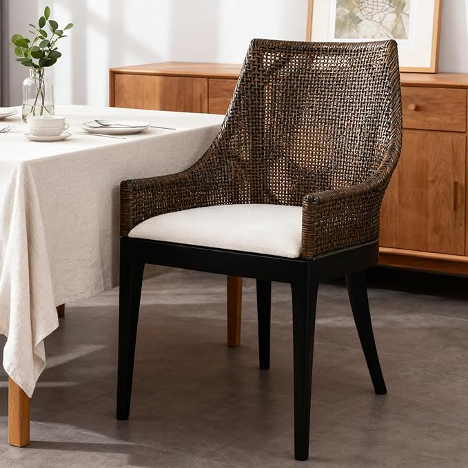 DUHOME Natural Cane Mesh Rattan Accent Chair, Tropical Coastal Woven Back Armchair with Beige Fabric Cushion & Black Tapered Wood Legs, Ergonomic Comfort for Living Room Dining Room Bedroom