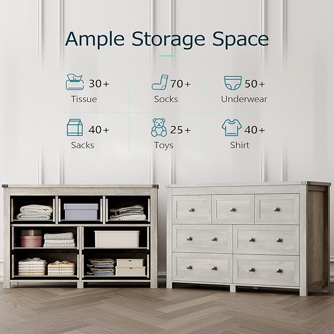Dresser for Bedroom with 7 Drawers, Farmhouse Wood Chest of Drawers, Wide TV Stand Closet Storage Furniture with Metal Handle, Modern Clothes Organizer for Hallway, Living Room, Entryway, Light Grey