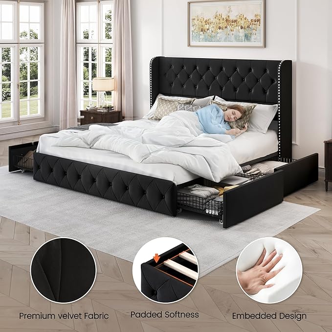 LARMACE King Size Bed Frame with 4 Storage Drawers and Tufted Headboard Velvet Upholstered Platform Bed Frame Wingback Beds with Wooden Slats Support, Easy Assembly, Black
