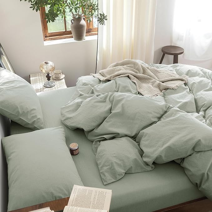 FOSSA Duvet Cover Set 100% Washed Cotton Linen Feel Super Soft Breathable Cozy 3 Pieces Bedding Sets Solid Sage Green King