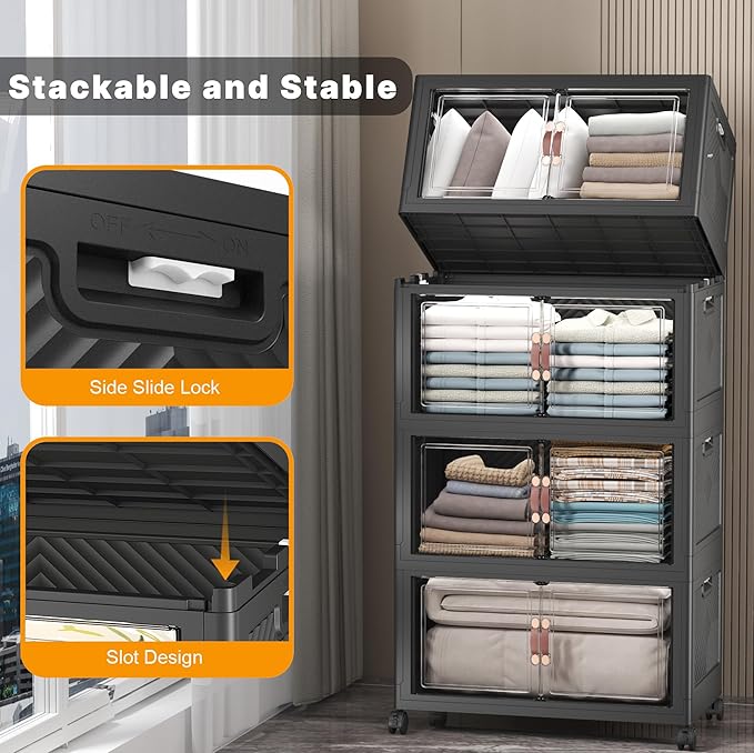 Extra Large Stackable Storage Bins with Lids & Wheels & Door, 896QT-112QT/28GAL*8Pack Foldable Collapsible Closet Organizers, Plastic containers drawers for bedroom Dorm