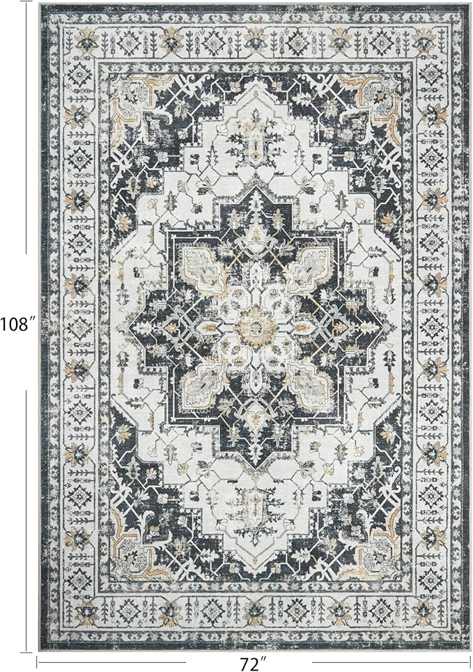 zesthome Washable Rug 6x9 Area Rugs,Stain Resistant Rugs for Living Room,Bedroom,Non-Slip Backing Home Decor Rug, Vintage Medallion Pattern Rugs (Black,6'x9')