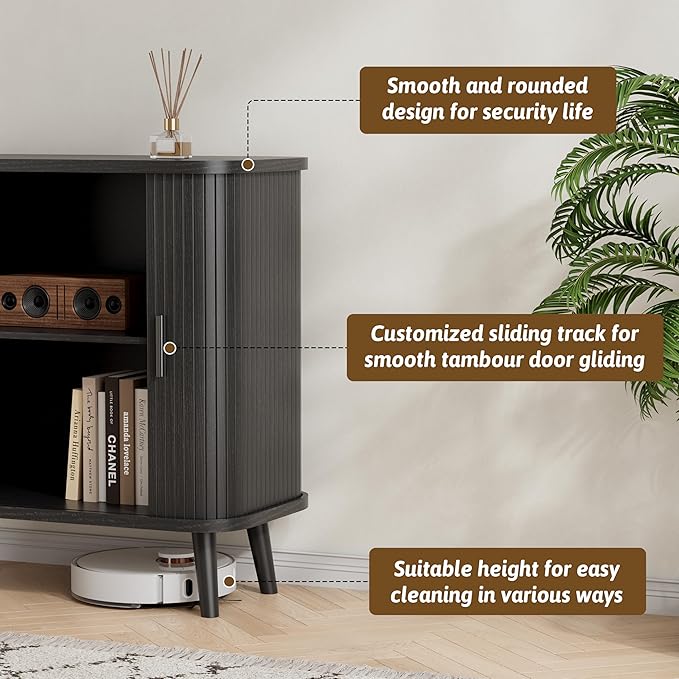 Buffet Cabinet with Storage, Curved-Edge Fluted Storage Cabinet Sideboard, Modern Black Sideboard Buffet with Adjustable Shelves & Sliding Door for Dining Room, Kitchen, Entryway
