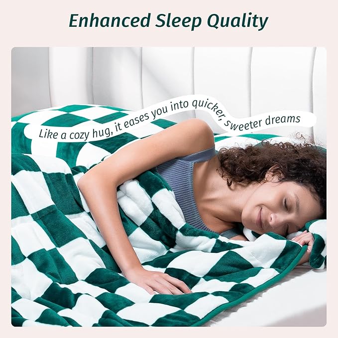 Wemore Flannel Fleece Weighted Blanket for Adult Queen Size 15 lbs, Dual Sided Luxurious Checkerboard Grid Heavy Blankets, Ultra Soft Throw Blanket, Plaid Green, 60 x 80 inches